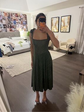 Reformation Dark Green Speckled Tie-Shoulder Midi Dress